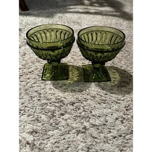 Vintage Indiana Glass Mount Vernon Pattern Avocado Green Goblet Set Of 2 4" Ht